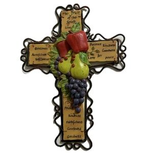 Vintage Resin & Metal Scripture Cross with Fruit